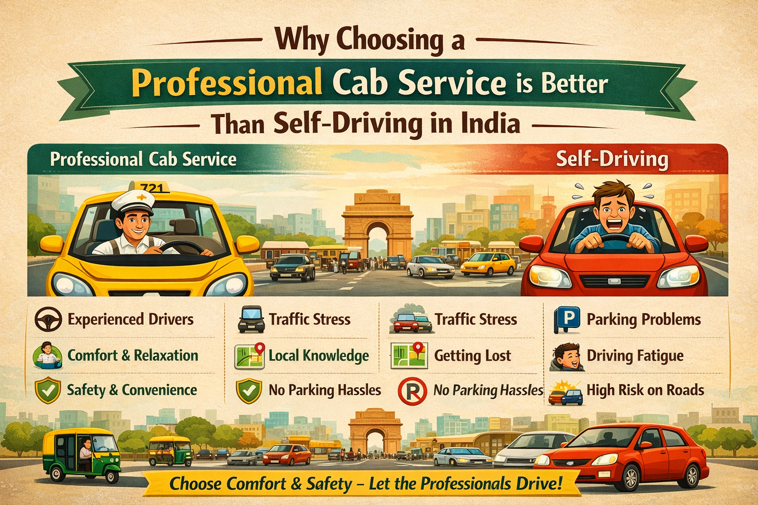 Professional cab service vs self driving comparison in India showing safe and comfortable travel experience